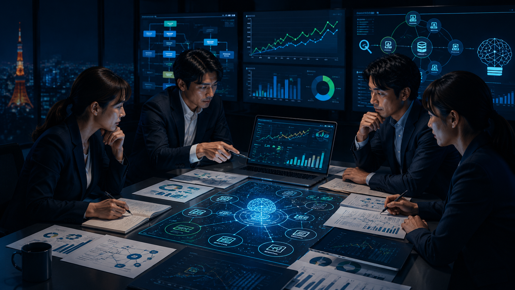 Team reviewing search visibility, analytics, and AI discovery signals
